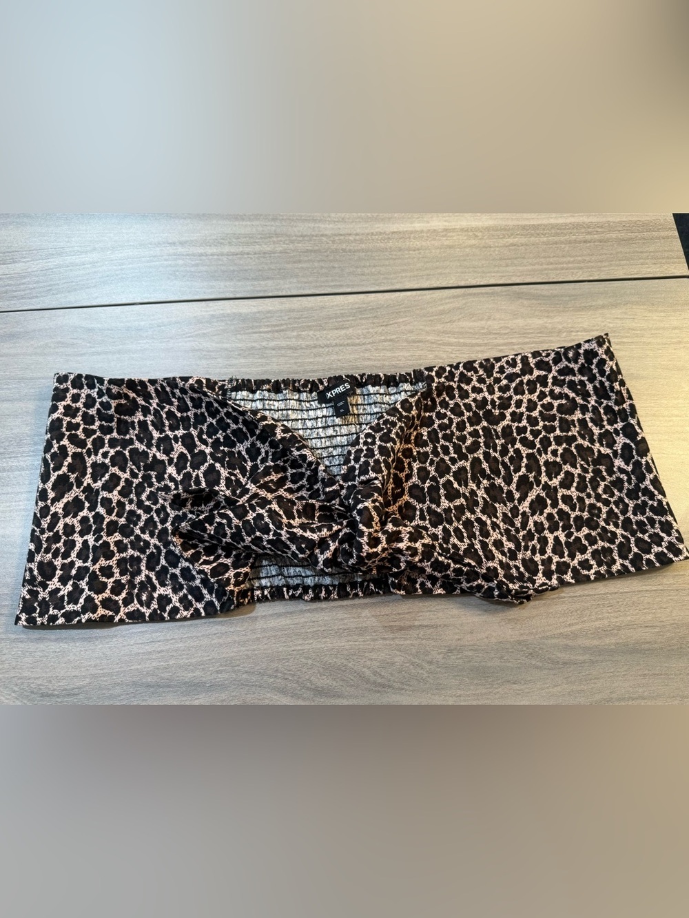 Express Leopard Print Twist Front Crop Top in Black and Tan
